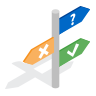 Icon of signpost with arrows pointing in different directions marked with question mark, X, and check mark.