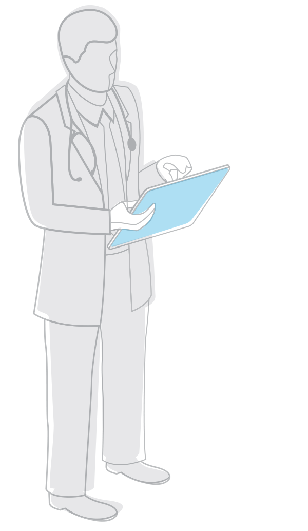 An illustration of a doctor reviewing patient information on a tablet.