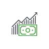 Line graph with upward trend and dollar bill icon.