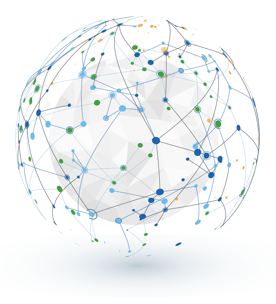 Globe with interconnected nodes and lines representing data connections.