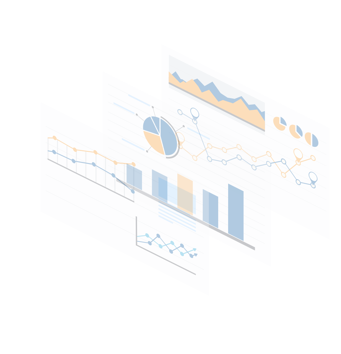 Multiple transparent screens displaying analytical data and charts.